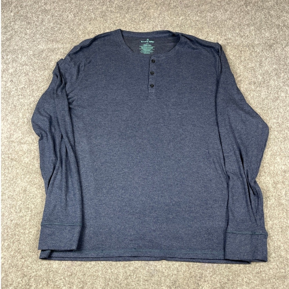 Tommy John Henley Shirt Mens LG Blue Lightweight Knit Tagless Soft Long Sleeve